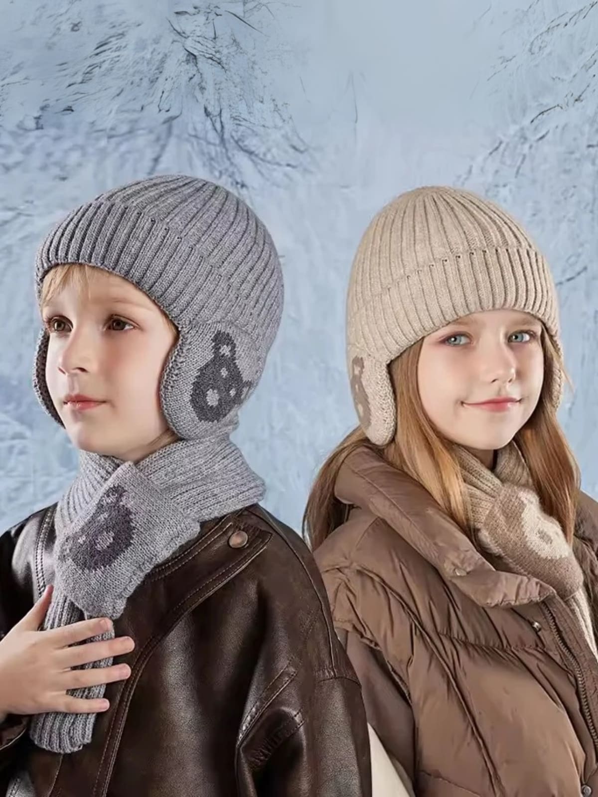 Enfant de profil portant un bonnet cache oreille enfant avec écharpe gris et beige