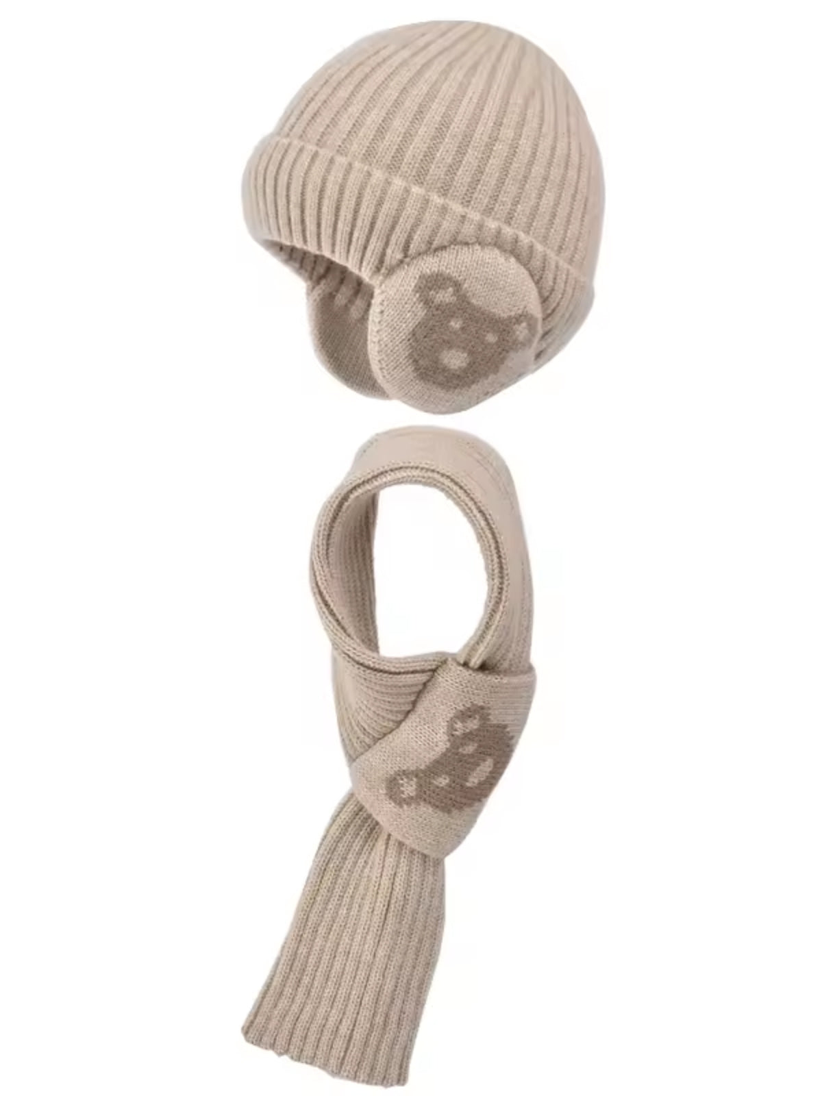 Bonnet cache oreille enfant avec écharpe beige