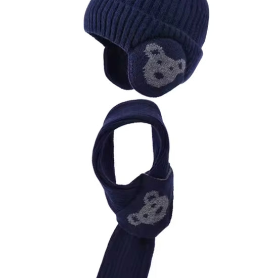 Bonnet cache oreille enfant avec écharpe bleu marine