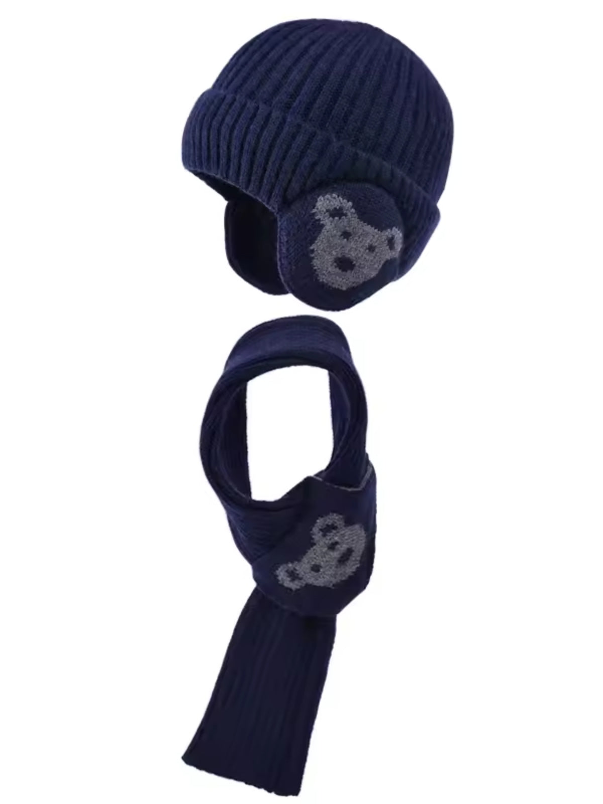 Bonnet cache oreille enfant avec écharpe bleu marine