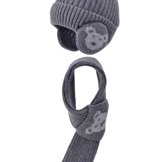 Bonnet cache oreille enfant avec écharpe gris foncé