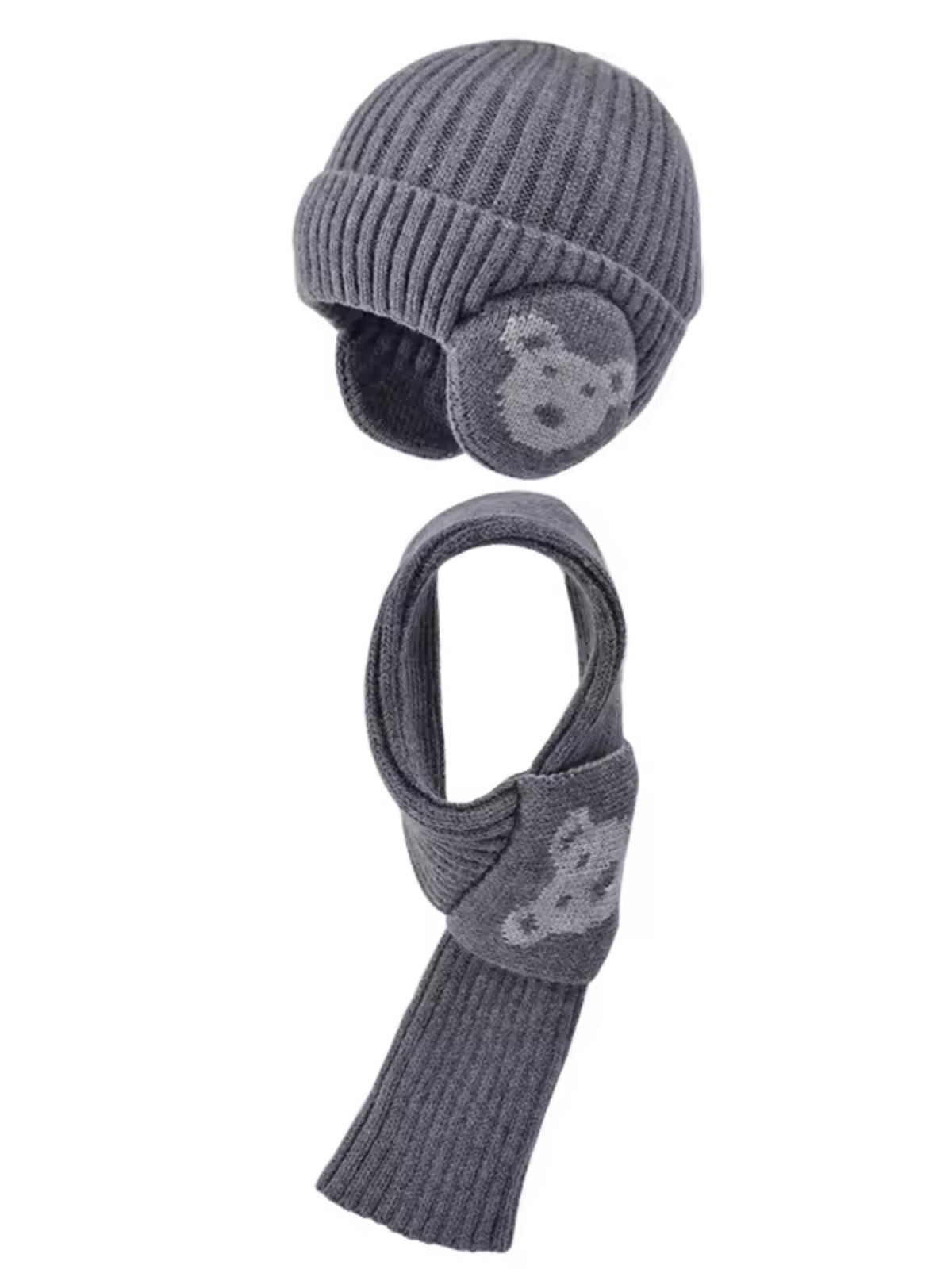 Bonnet cache oreille enfant avec écharpe gris foncé