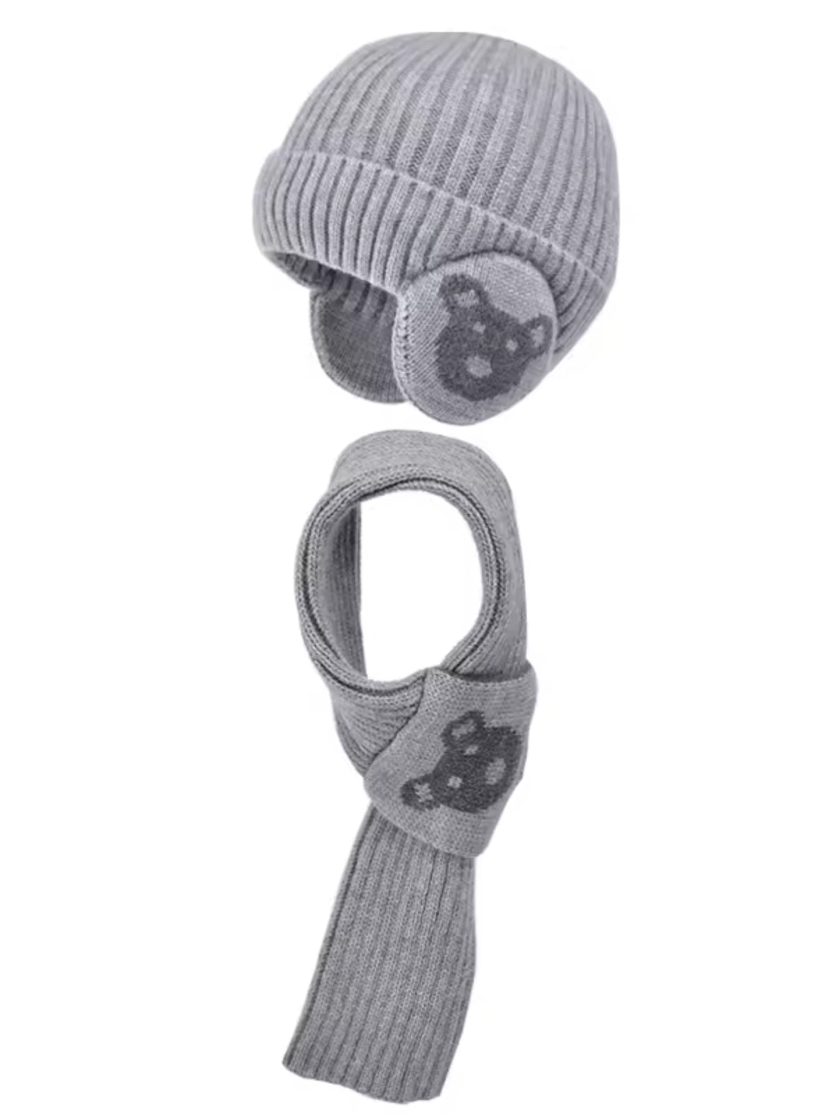 Bonnet cache oreille enfant avec écharpe grise