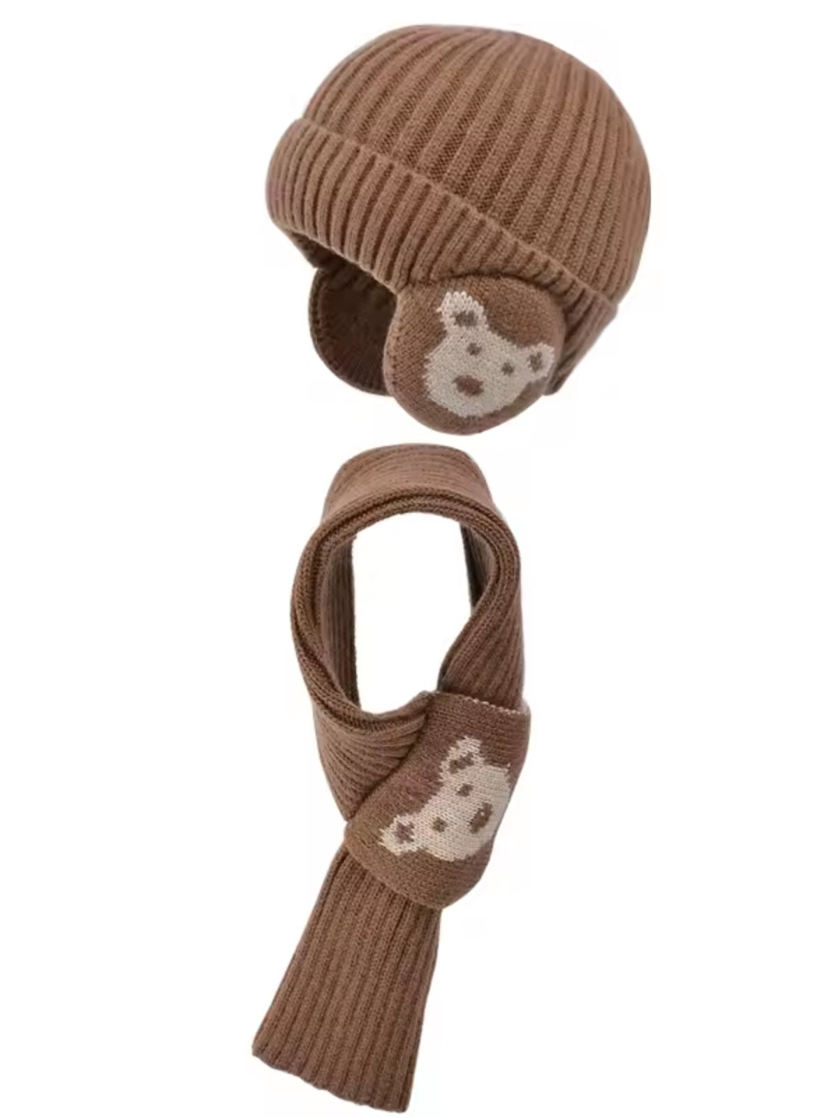Bonnet cache oreille enfant avec écharpe marron