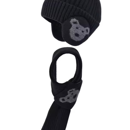 Bonnet cache oreille enfant avec écharpe noir