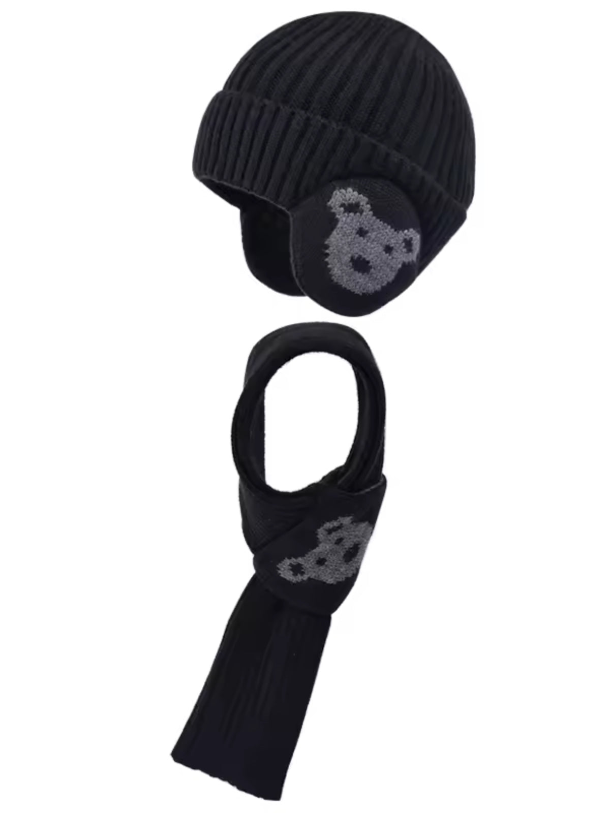 Bonnet cache oreille enfant avec écharpe noir
